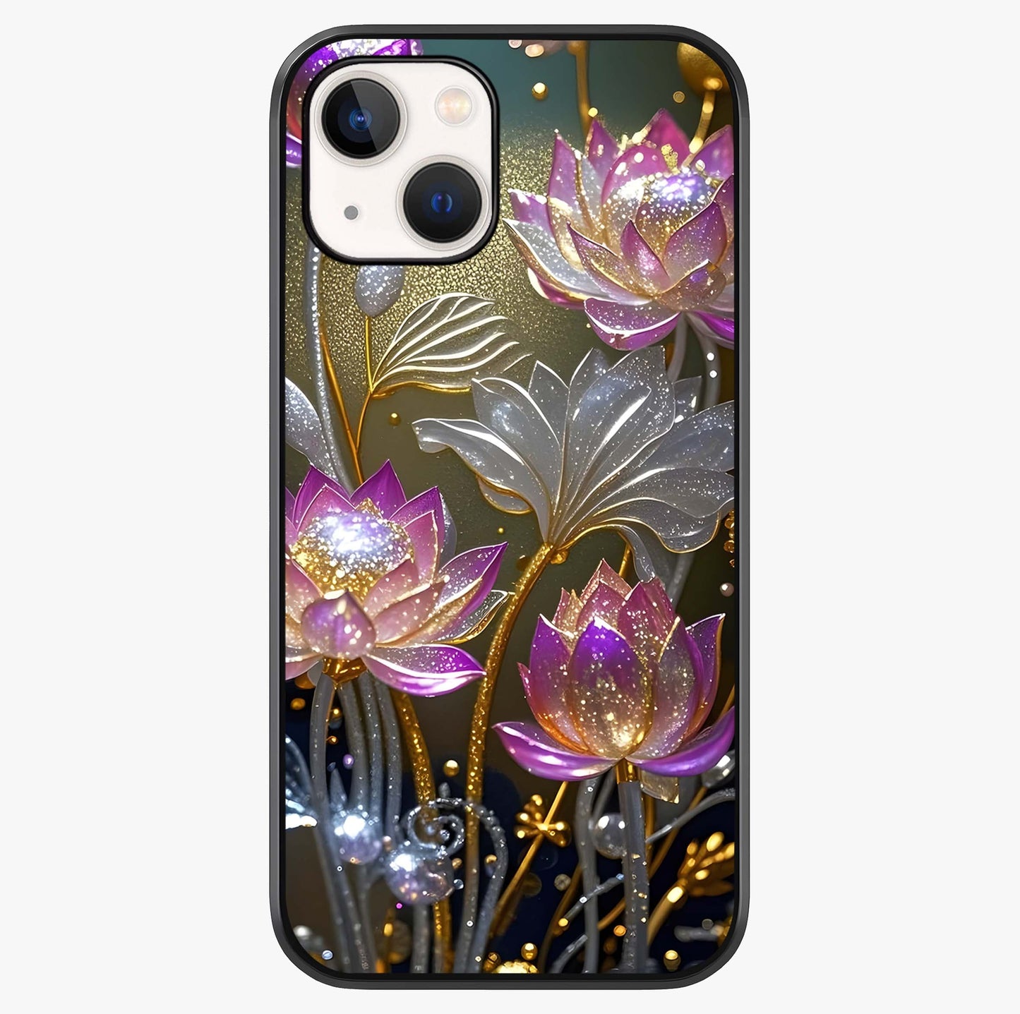 Golden Lotus Glow Glass Case showing full back design in clean flat view with glossy glass finish.