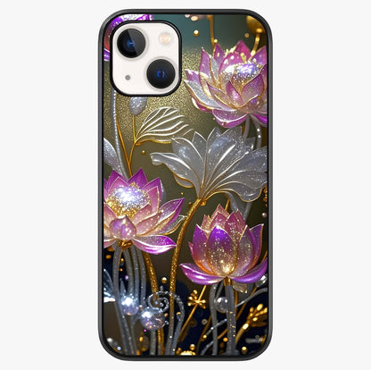 Golden Lotus Glow Glass Case showing full back design in clean flat view with glossy glass finish.
