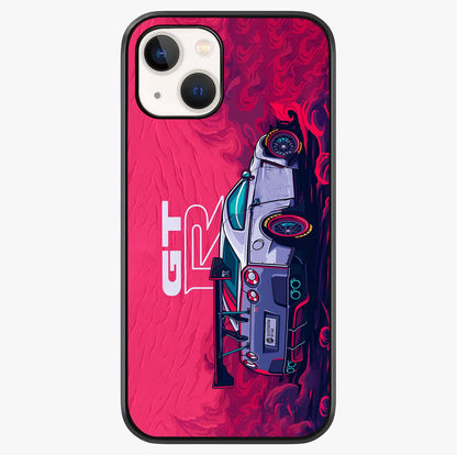GT R Car Pattern Glass Case showing full back design in clean flat view with glossy glass finish.