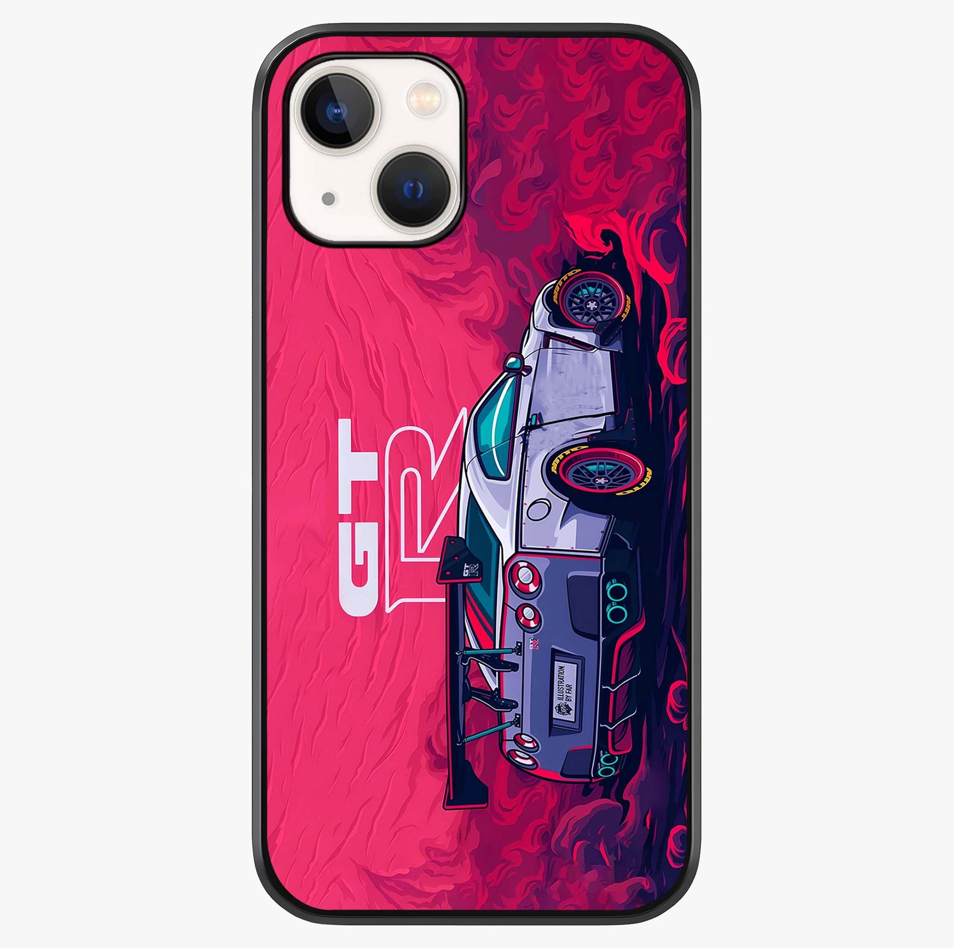 GT R Car Pattern Glass Case showing full back design in clean flat view with glossy glass finish.