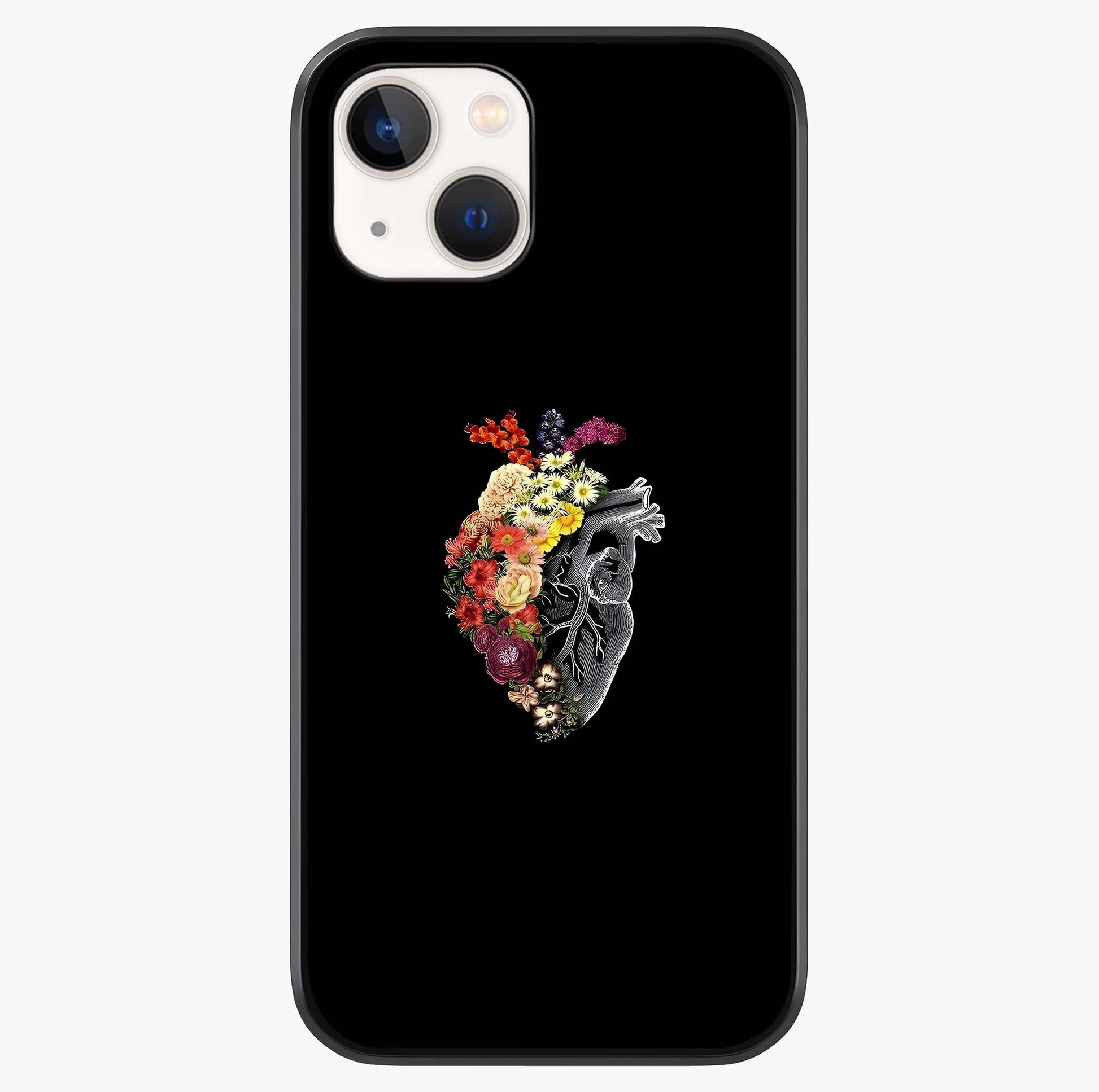 Heart With Flowers Glass Case showing full back design in clean flat view with glossy glass finish.