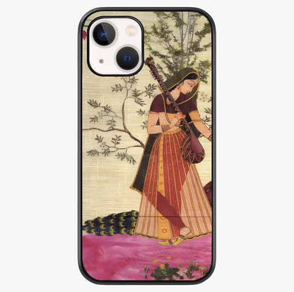 Lady With Veena Art Glass Case showing full back design in clean flat view with glossy glass finish.