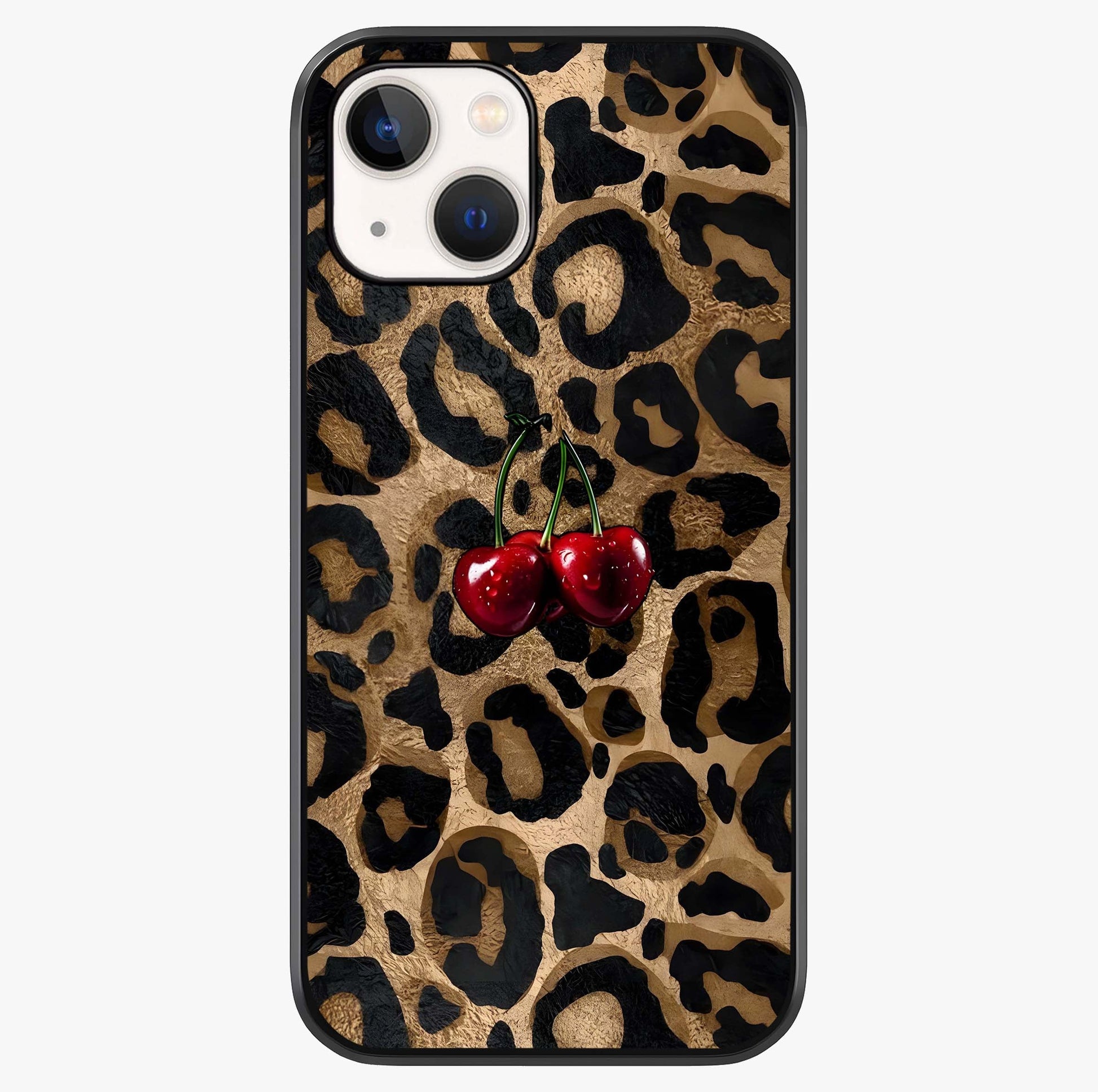 Leopard Wild Cherry Glass Case showing full back design in clean flat view with glossy glass finish.
