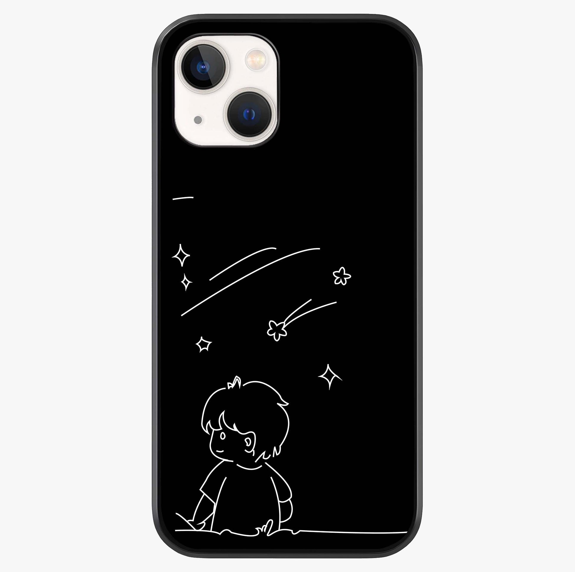 Line Art Boy With Shooting Stars Glass Case showing full back design in clean flat view with glossy glass finish.