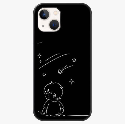 Line Art Boy With Shooting Stars Glass Case showing full back design in clean flat view with glossy glass finish.