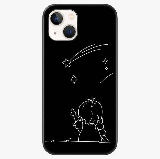 Line Art Girl With Shooting Stars Glass Case showing full back design in clean flat view with glossy glass finish.