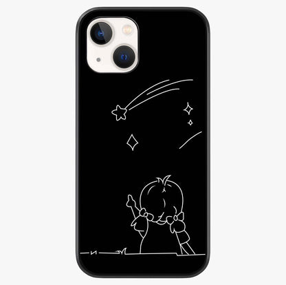 Line Art Girl With Shooting Stars Glass Case showing full back design in clean flat view with glossy glass finish.