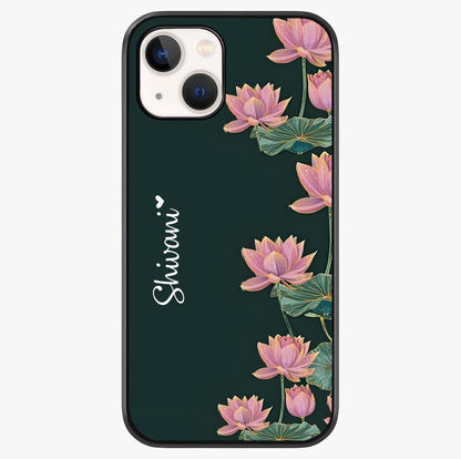 Lotus Bloom Serenity Custom Name Glass Case showing full back design in clean flat view with glossy glass finish.