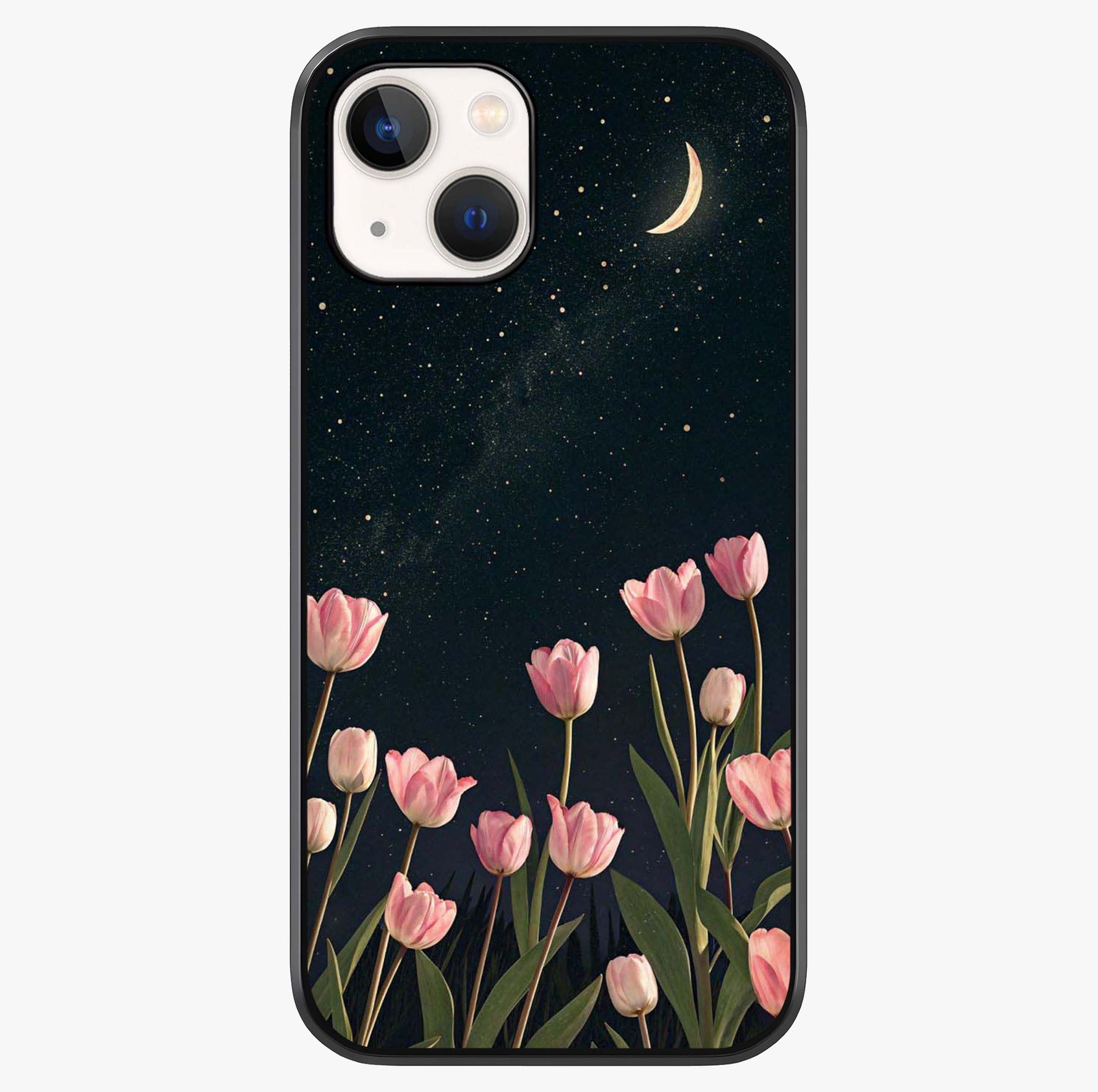 Midnight Tulip Whispers Vibe Glass Case showing full back design in clean flat view with glossy glass finish.