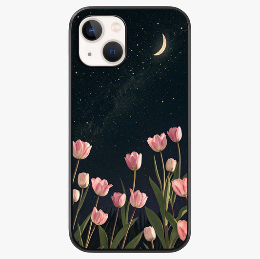 Midnight Tulip Whispers Vibe Glass Case showing full back design in clean flat view with glossy glass finish.