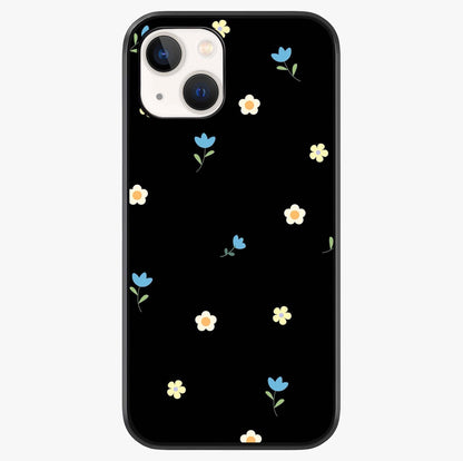 Minimalistic Blue With White Flower Pattern Glass Case showing full back design in clean flat view with glossy glass finish.
