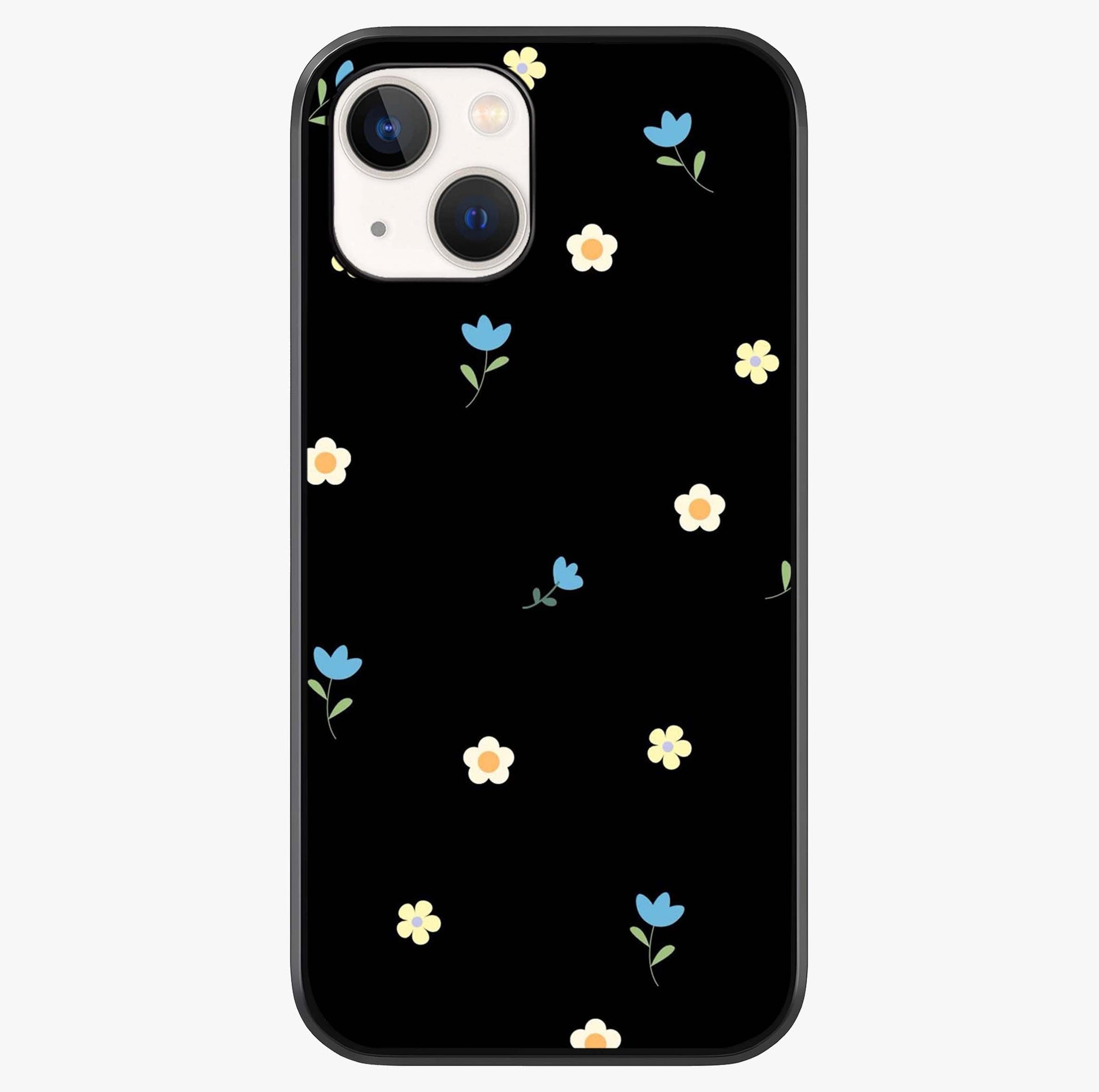 Minimalistic Blue With White Flower Pattern Glass Case showing full back design in clean flat view with glossy glass finish.