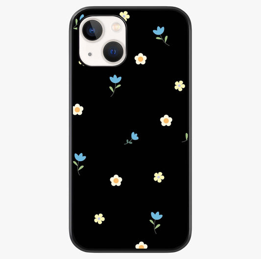 Minimalistic Blue With White Flower Pattern Glass Case showing full back design in clean flat view with glossy glass finish.