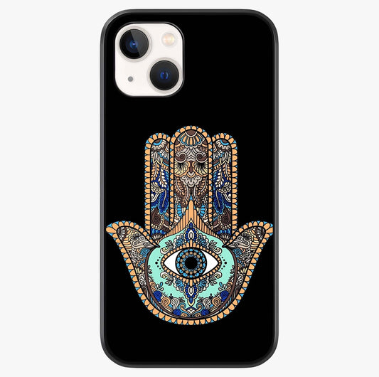 Mystic Hamsa Eye Glass Case showing full back design in clean flat view with glossy glass finish.