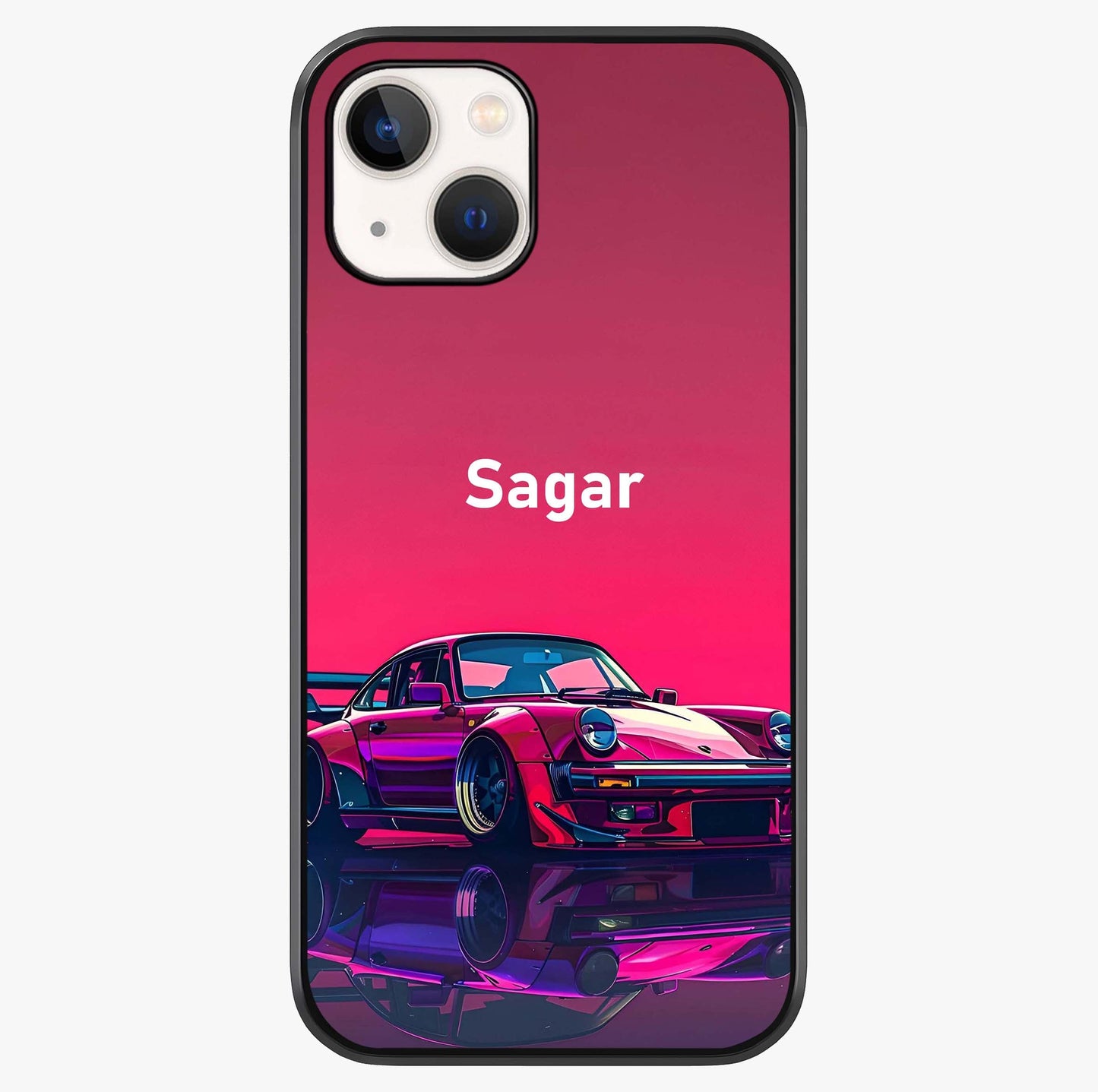 Neon Pink Porsche Glass Case showing full back design in clean flat view with glossy glass finish.