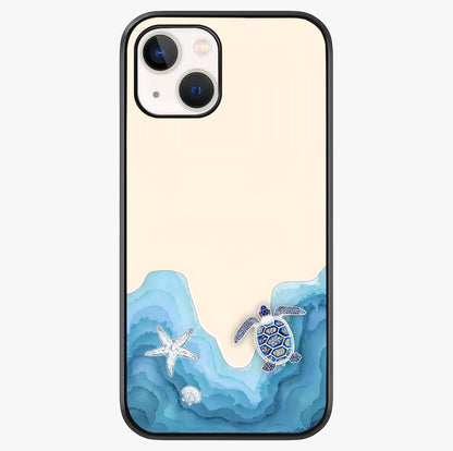 Ocean Drift Turtle Glass Case showing full back design in clean flat view with glossy glass finish.