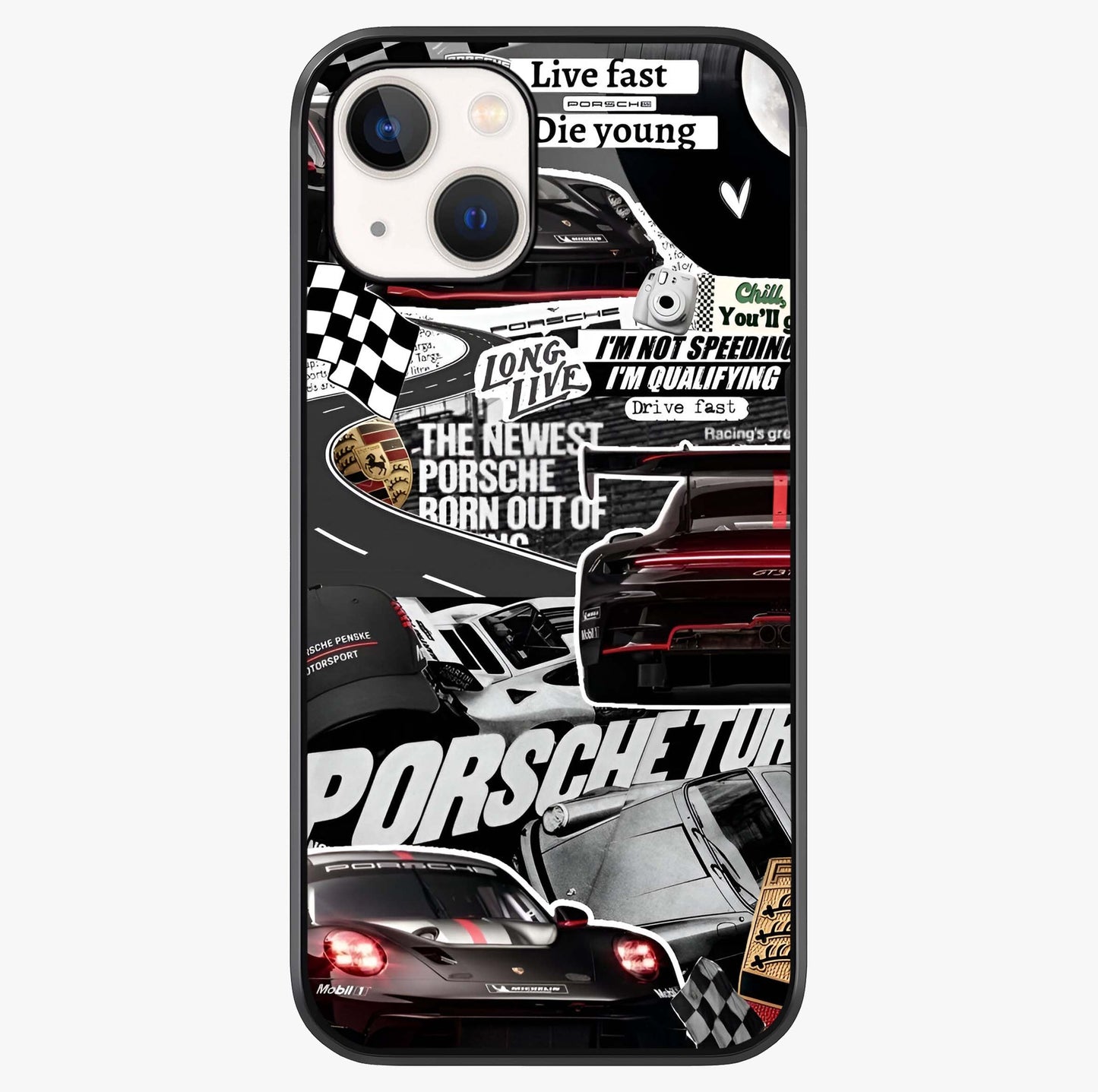 Porsche Racing Collage Glass Case showing full back design in clean flat view with glossy glass finish.