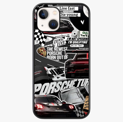 Porsche Racing Collage Glass Case showing full back design in clean flat view with glossy glass finish.