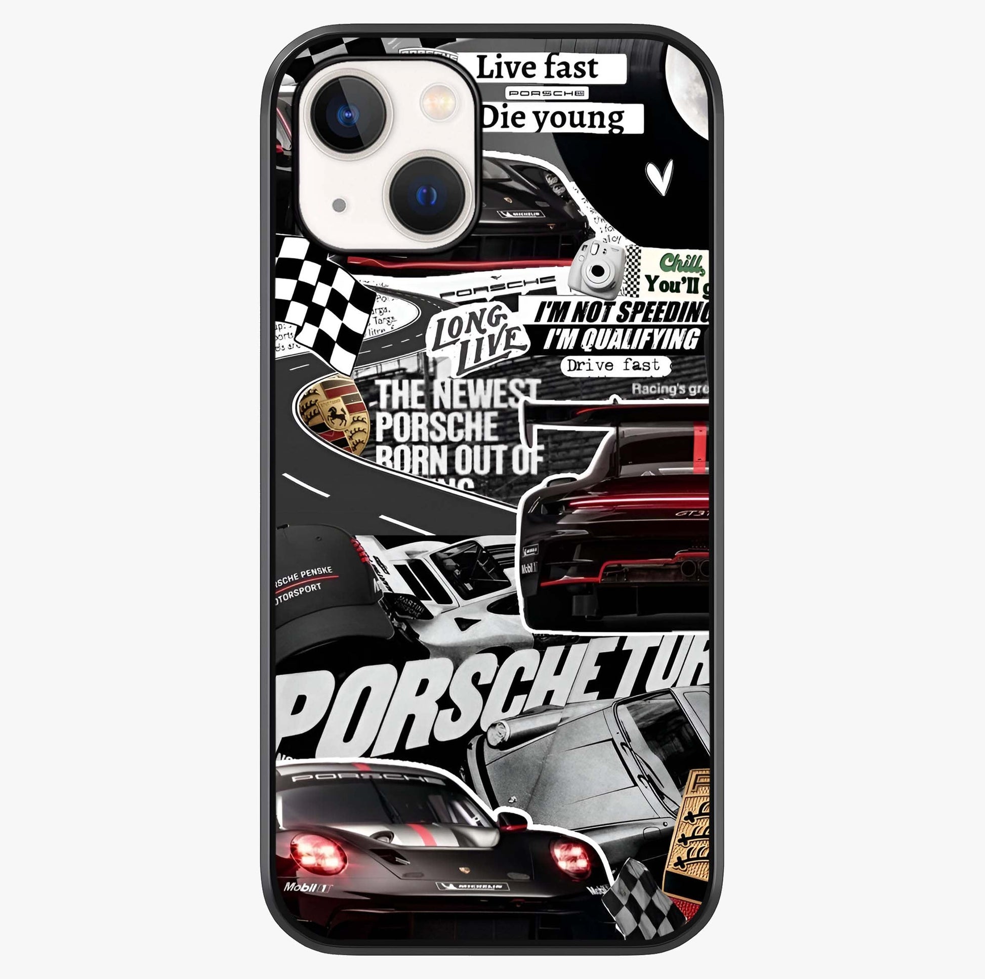 Porsche Racing Collage Glass Case showing full back design in clean flat view with glossy glass finish.