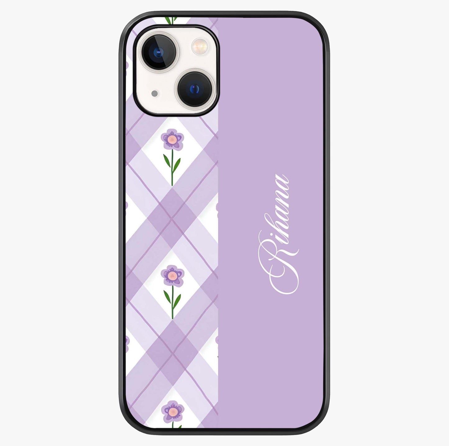 Purple Diamond Floral Glass Case showing full back design in clean flat view with glossy glass finish.