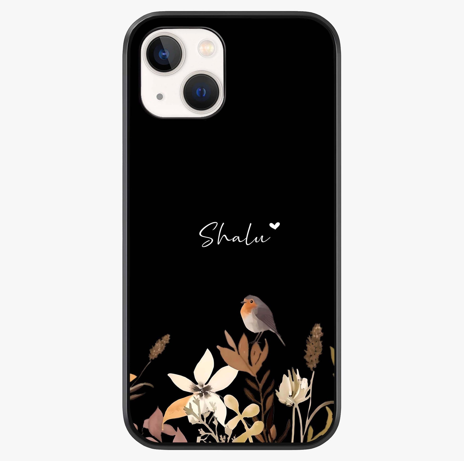 Quiet Garden Tune Custom Name Glass Case showing full back design in clean flat view with glossy glass finish.