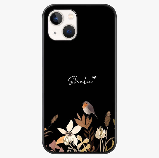 Quiet Garden Tune Custom Name Glass Case showing full back design in clean flat view with glossy glass finish.