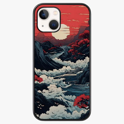 Red Sunset Scenery Glass Case showing full back design in clean flat view with glossy glass finish.