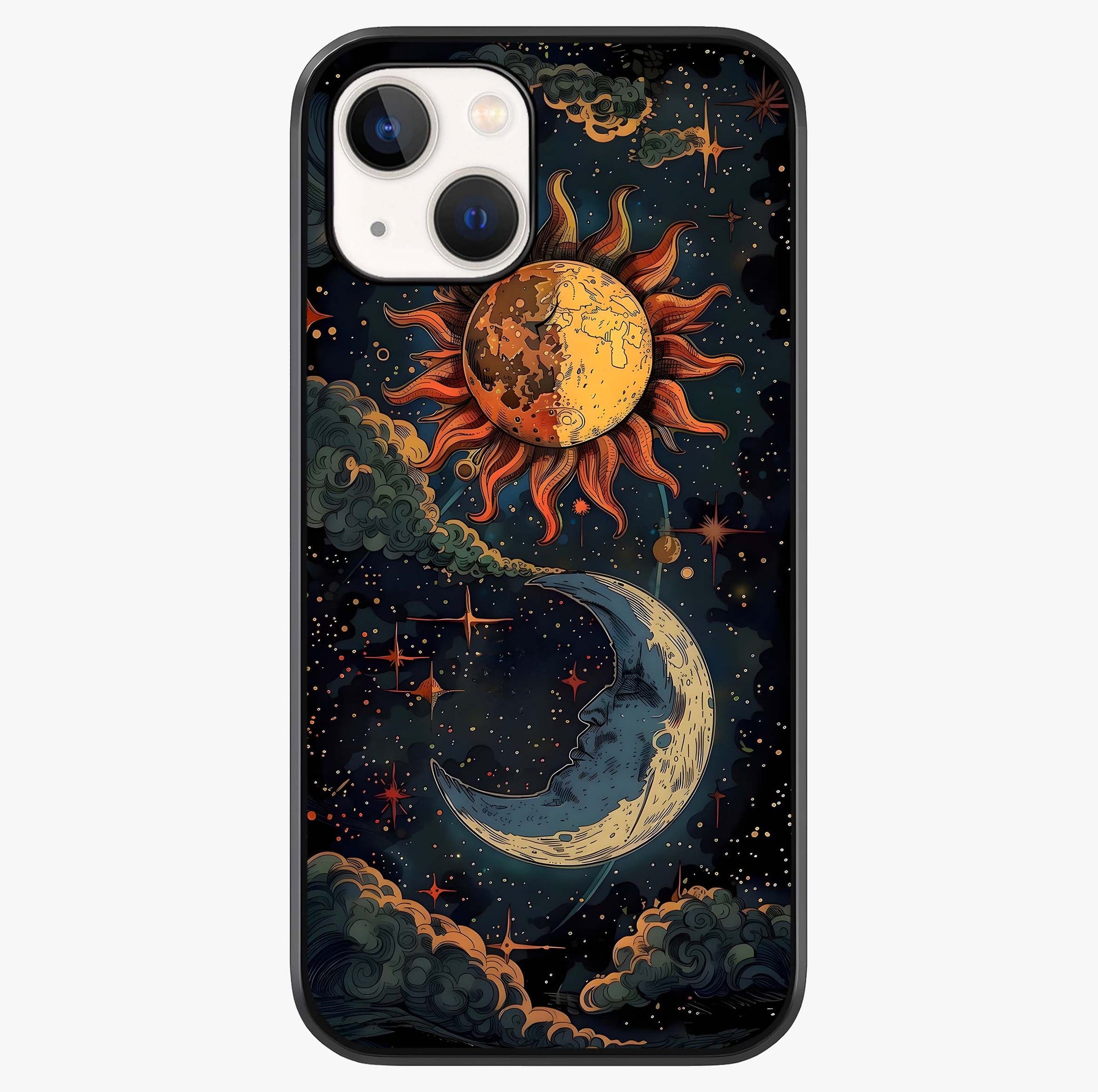 Sun And Moon Magic Design Glass Case showing full back design in clean flat view with glossy glass finish.