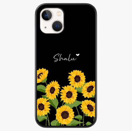 Sunflower Chic Mood Custom Name Glass Case showing full back design in clean flat view with glossy glass finish.