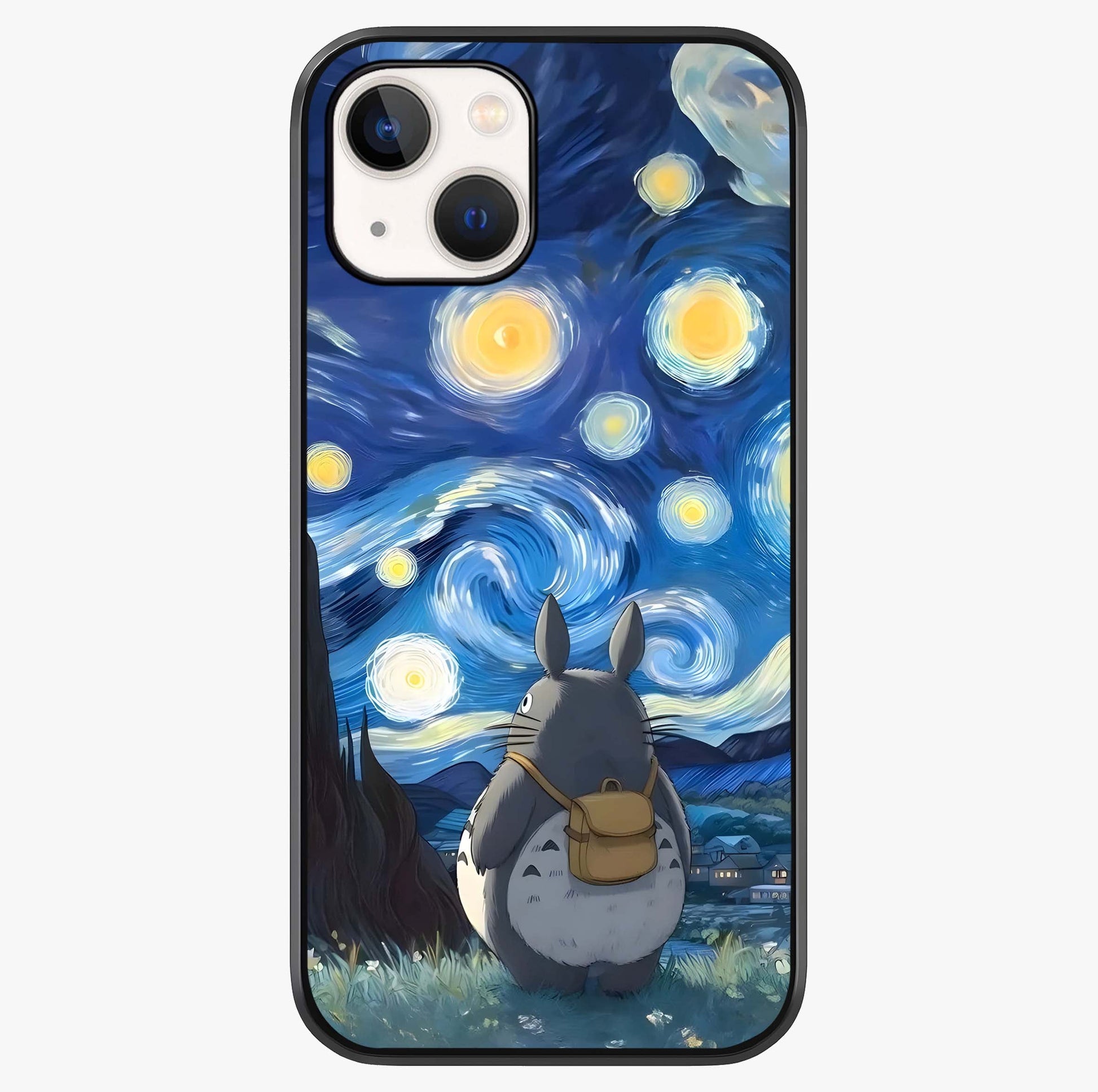 Totoro In Van Gogh Art Glass Case showing full back design in clean flat view with glossy glass finish.