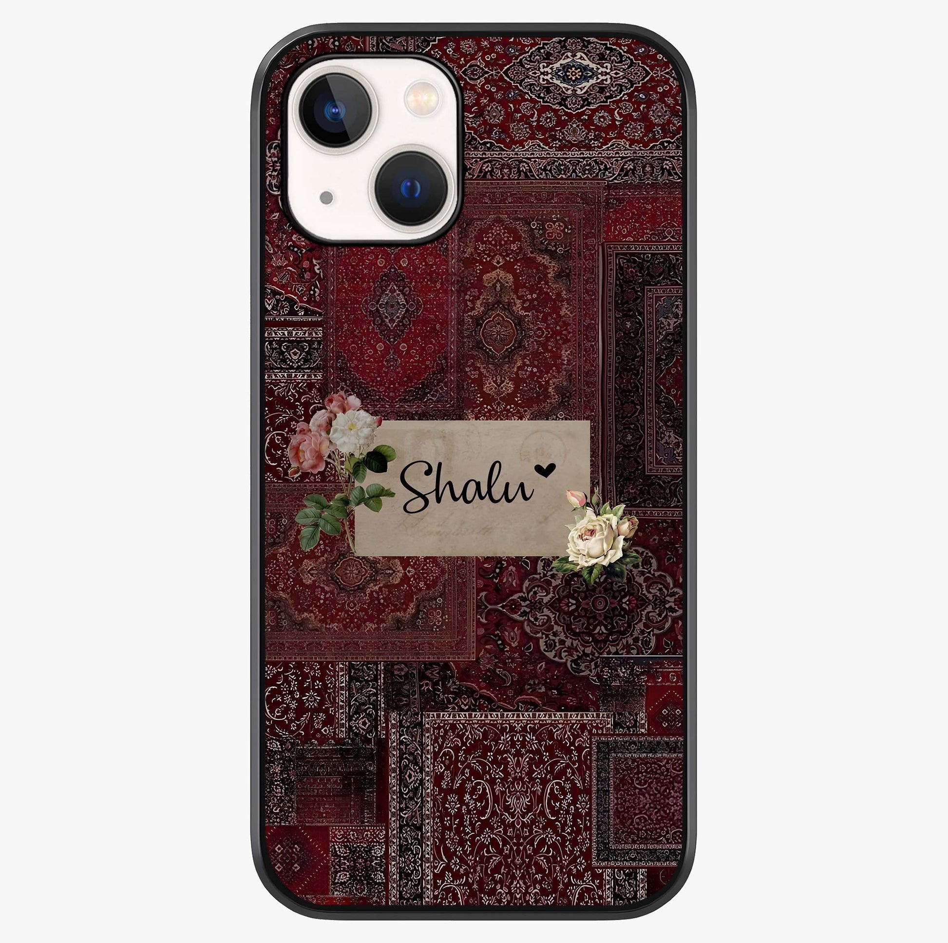 Velvet Wine Pattern Custom Name Glass Case showing full back design in clean flat view with glossy glass finish.
