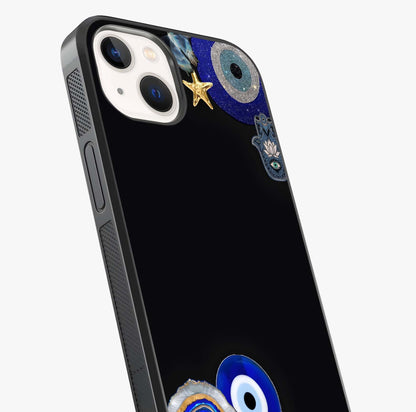 Aesthetic Blue Evil Eye Glass Case captured at a warm angle highlighting gloss, texture and premium glass finish.