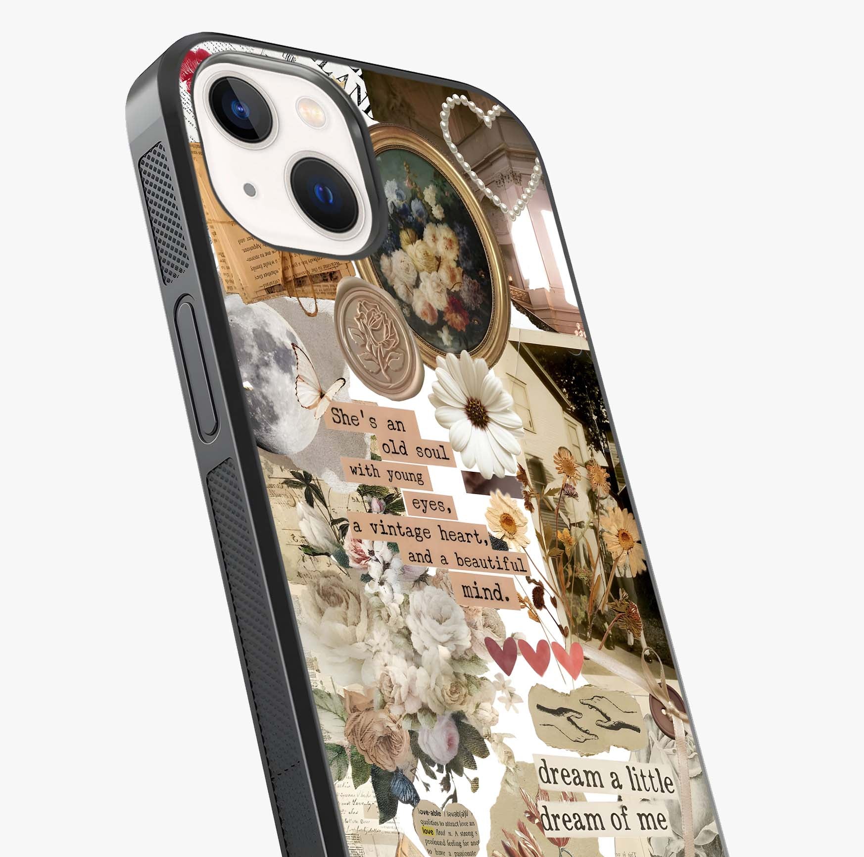 Aesthetic Brown Vintage Collage Glass Case captured at a warm angle highlighting gloss, texture and premium glass finish.