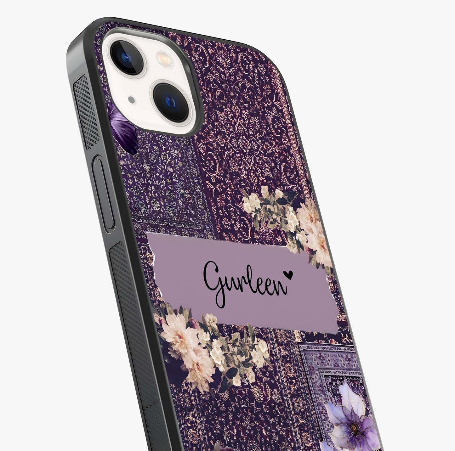 Antique Floral Whisper Custom Name Glass Case captured at a warm angle highlighting gloss, texture and premium glass finish.