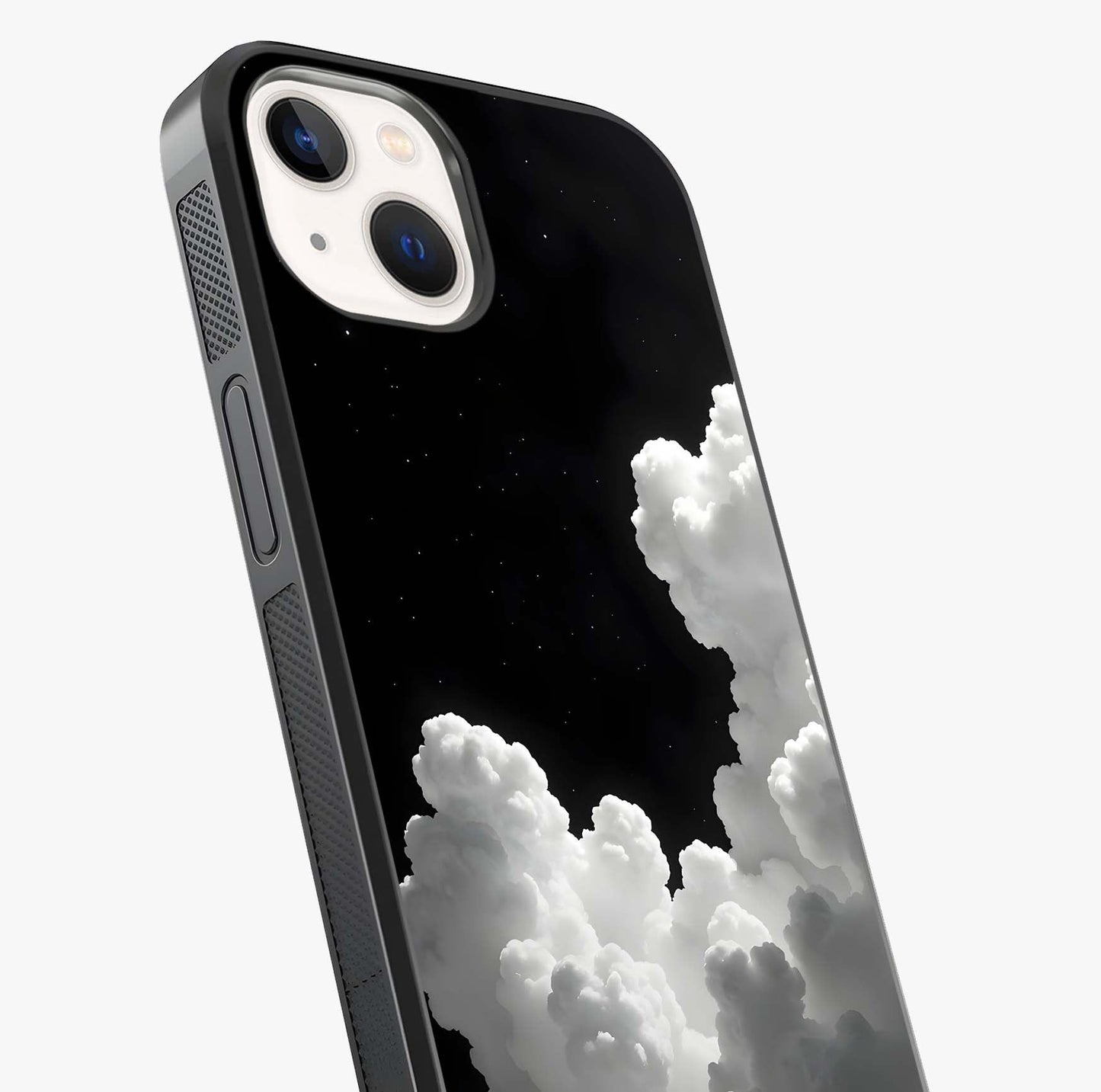Black Background With White Cloud Glass Case captured at a warm angle highlighting gloss, texture and premium glass finish.