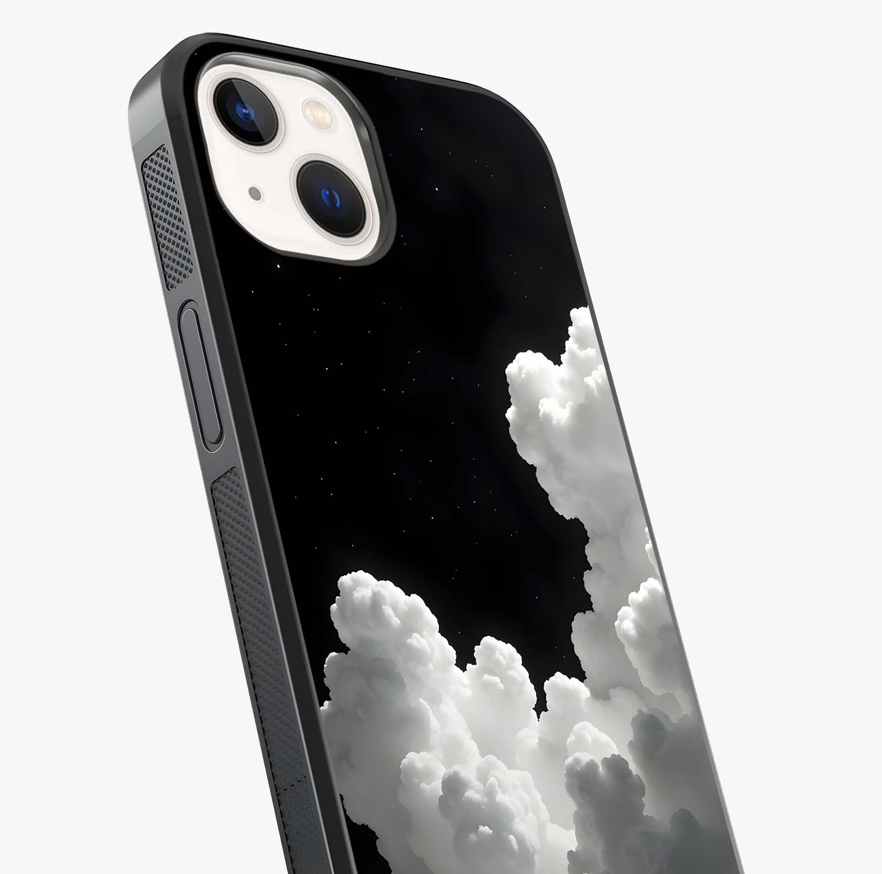 Black Background With White Cloud Glass Case captured at a warm angle highlighting gloss, texture and premium glass finish.