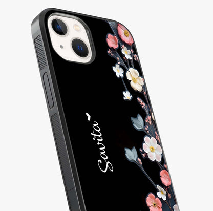 Black Elegance Floral Custom Name Glass Case captured at a warm angle highlighting gloss, texture and premium glass finish.
