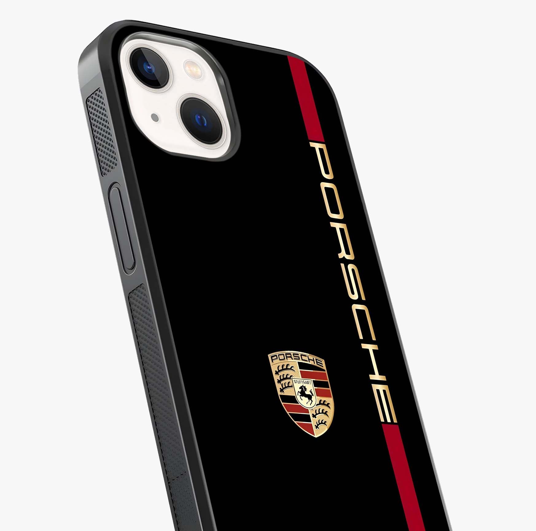 Black Minimal Porsche Glass Case captured at a warm angle highlighting gloss, texture and premium glass finish.