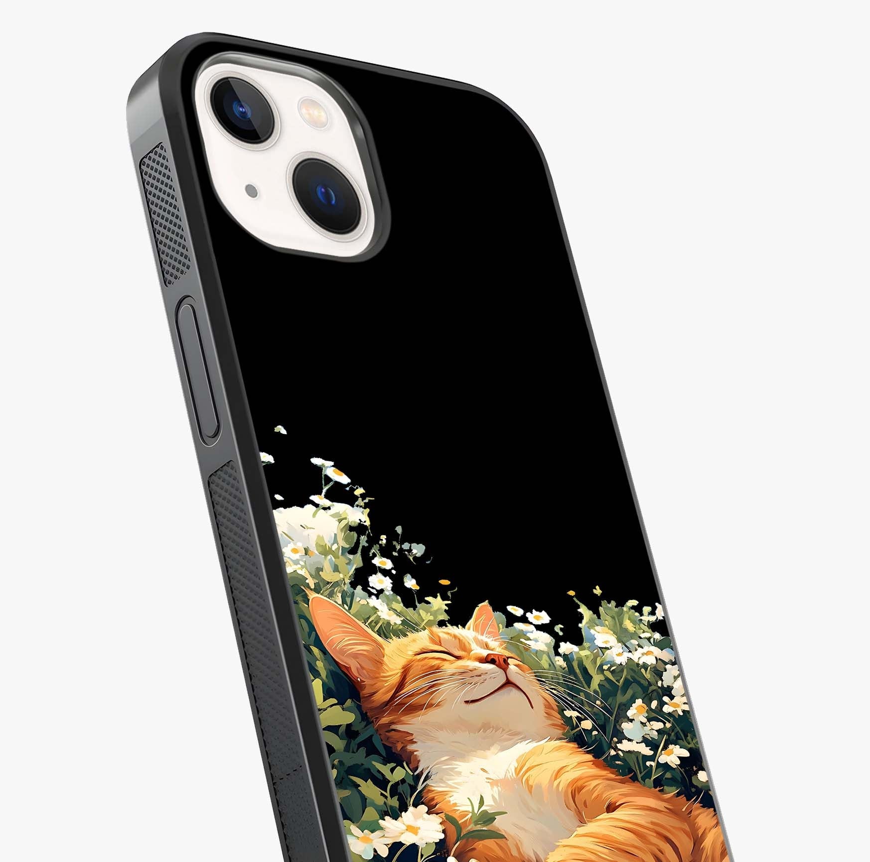 Blissful Bloom Cat Glass Case captured at a warm angle highlighting gloss, texture and premium glass finish.