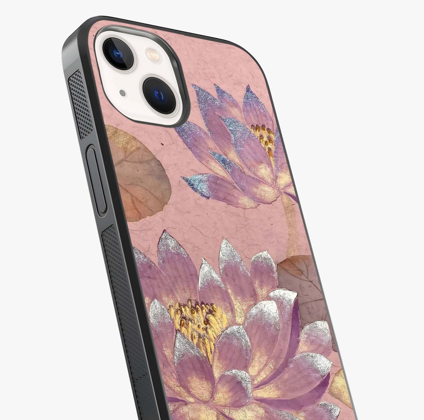 Blossom Mist Lotus Glass Case captured at a warm angle highlighting gloss, texture and premium glass finish.