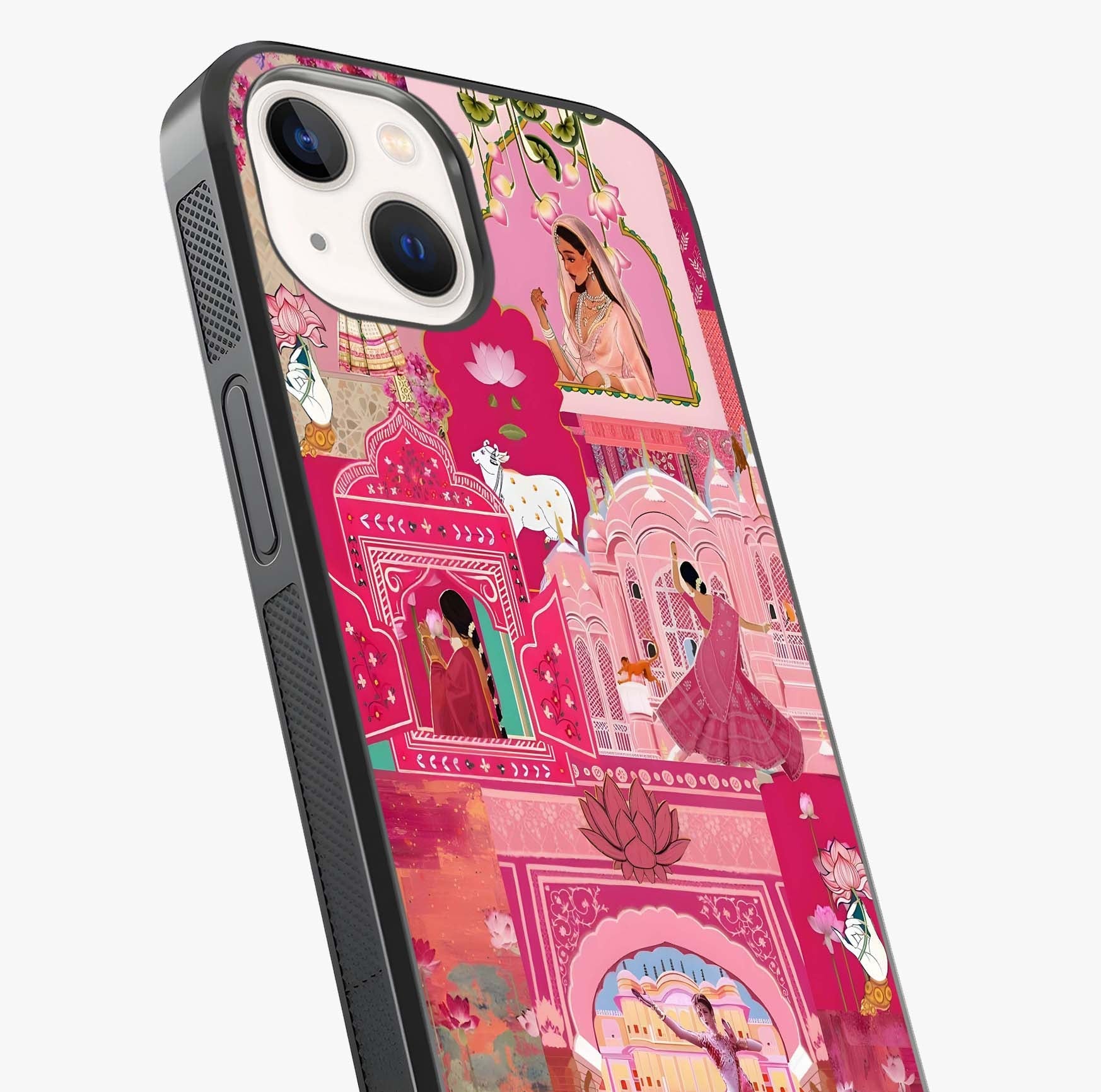 Blossoms Of Rajasthan Glass Case captured at a warm angle highlighting gloss, texture and premium glass finish.