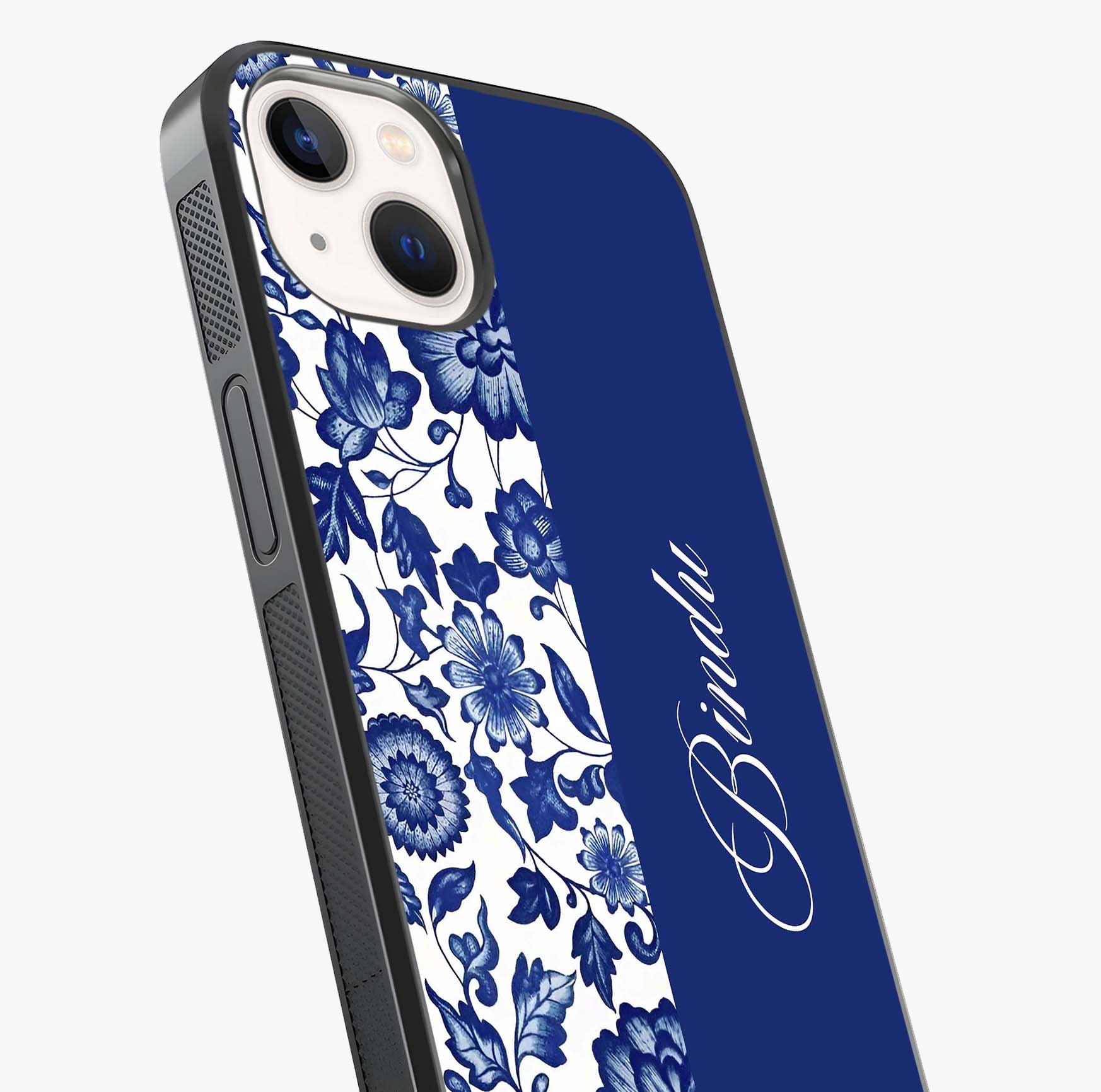 Blue Vintage Floral Pattern Glass Case captured at a warm angle highlighting gloss, texture and premium glass finish.