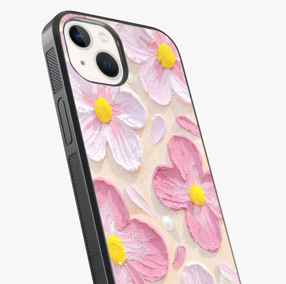 Blush Bloom Texture Glass Case captured at a warm angle highlighting gloss, texture and premium glass finish.