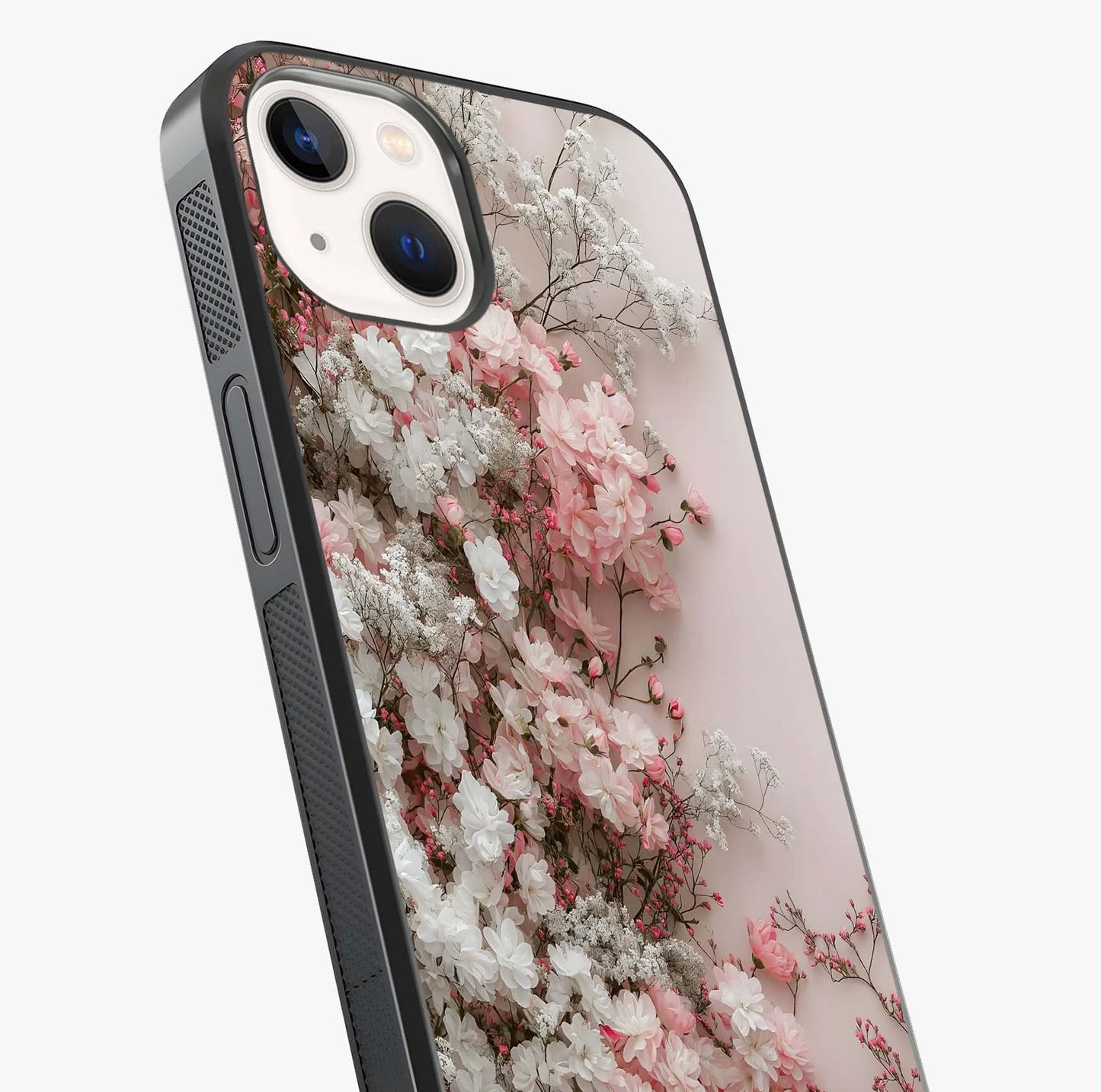 Blush Blossom Cloud Glass Case captured at a warm angle highlighting gloss, texture and premium glass finish.