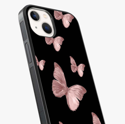 Butterfly Pattern Glass Case captured at a warm angle highlighting gloss, texture and premium glass finish.