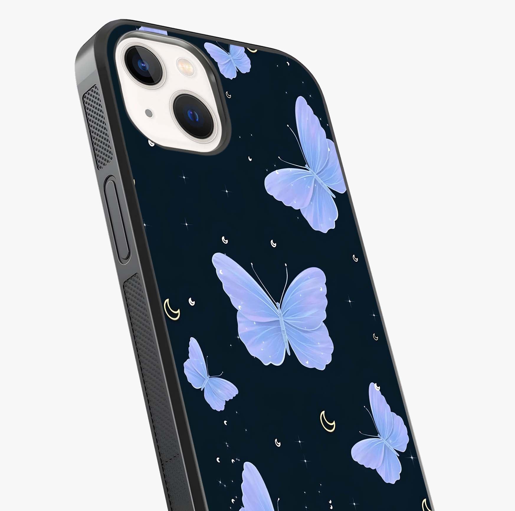 Butterfly With Stars Pattern Glass Case captured at a warm angle highlighting gloss, texture and premium glass finish.