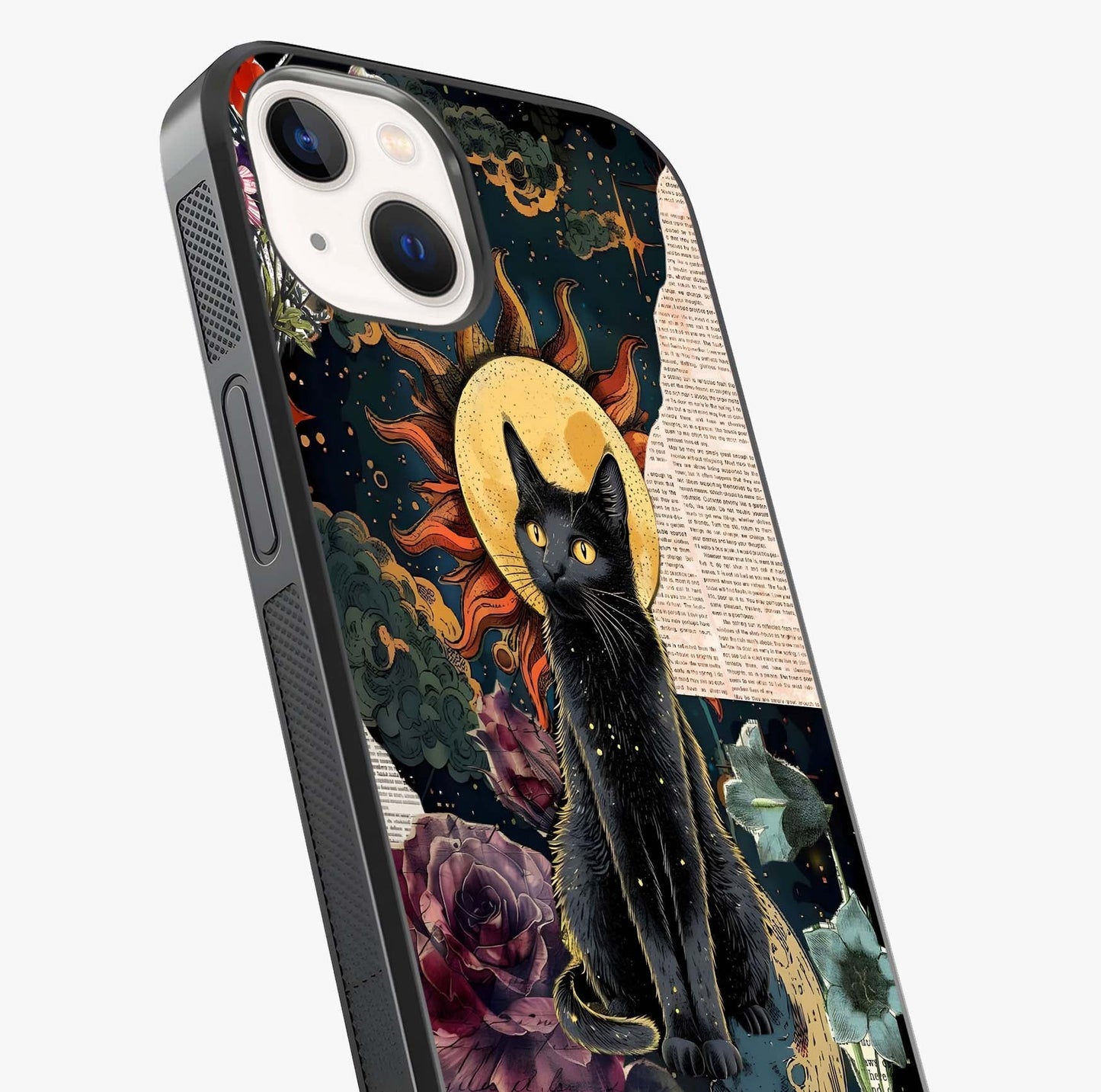 Celestial Black Cat Glass Case captured at a warm angle highlighting gloss, texture and premium glass finish.