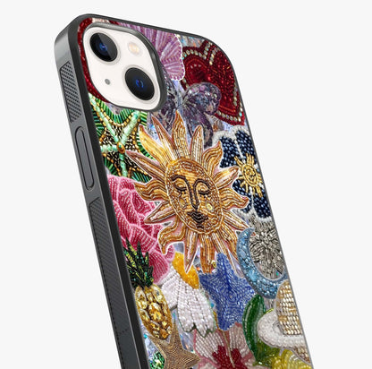 Celestial Floral And Playful Glass Case captured at a warm angle highlighting gloss, texture and premium glass finish.