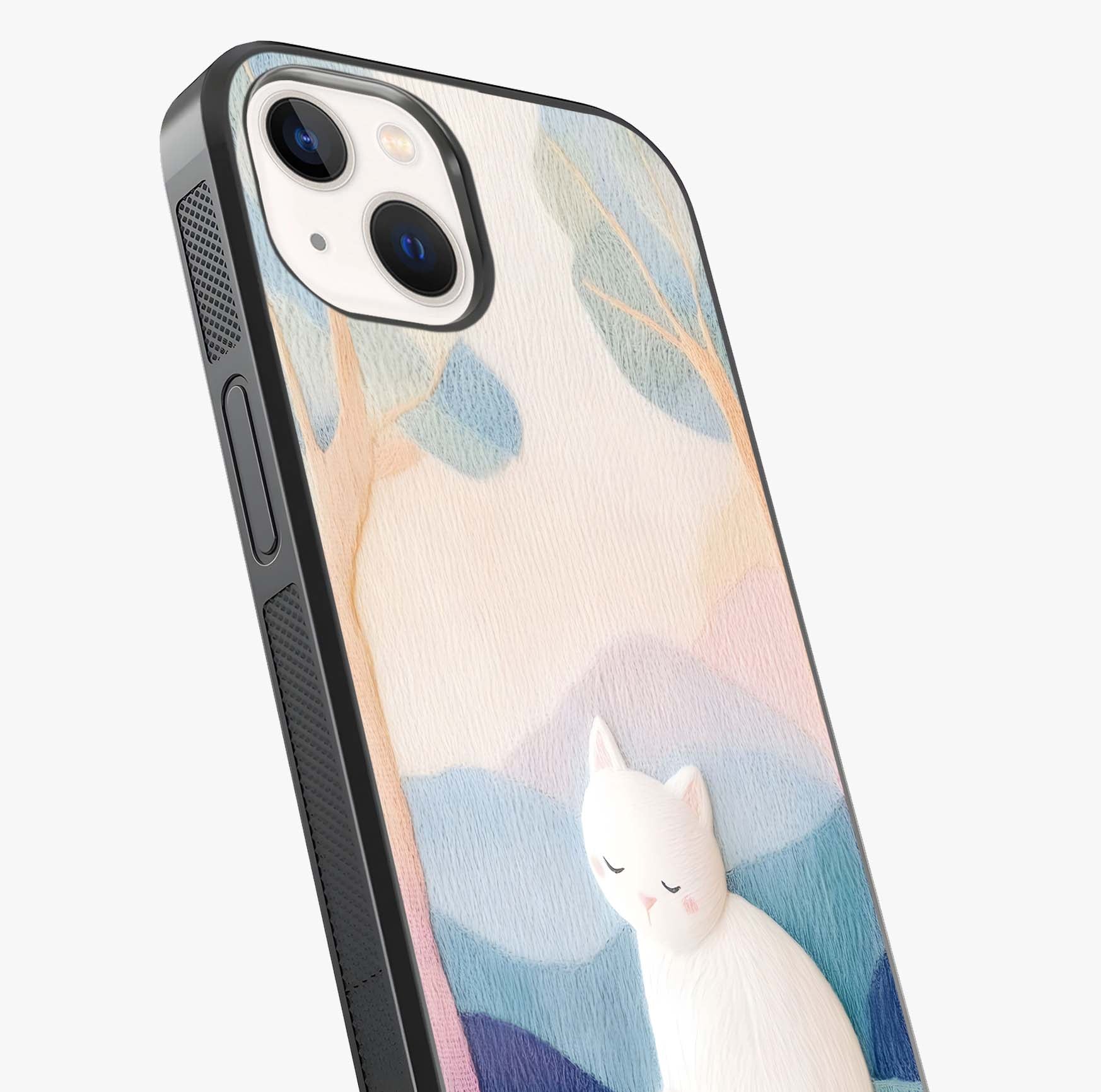 Cotton Dream Cat Glass Case captured at a warm angle highlighting gloss, texture and premium glass finish.