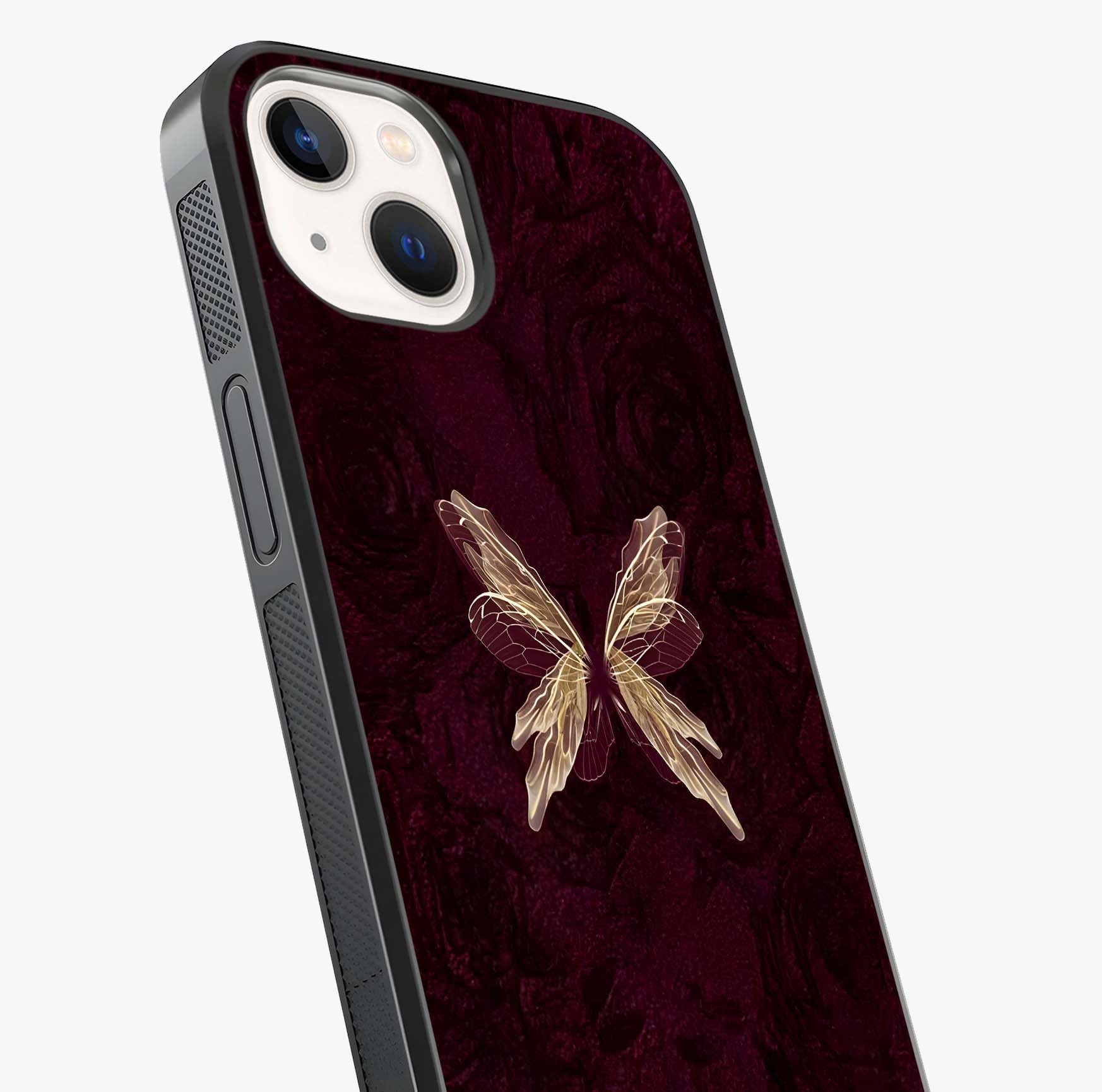 Crimson Fade Butterfly Glass Case captured at a warm angle highlighting gloss, texture and premium glass finish.